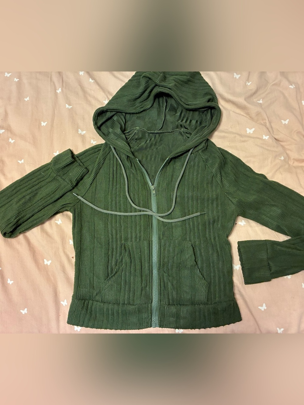 SHEIN Forest Green Ribbed Hooded Zip Cardigan